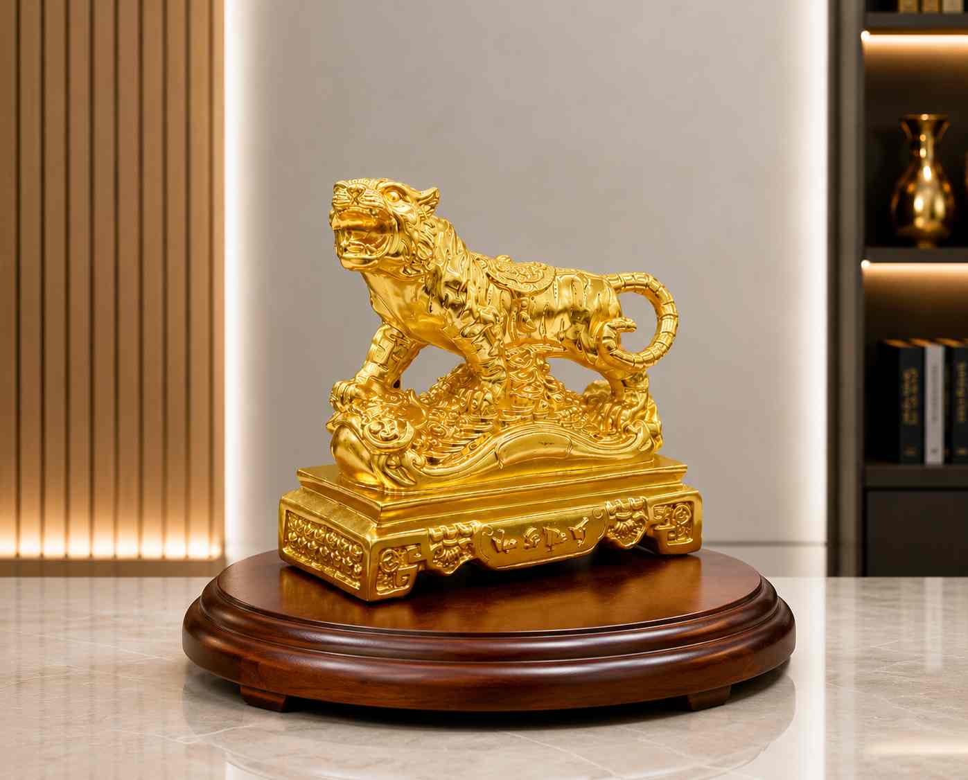 Tượng mãnh hổ mạ vàng phong thủy cao cấp trưng bày trên đế gỗ sang trọng